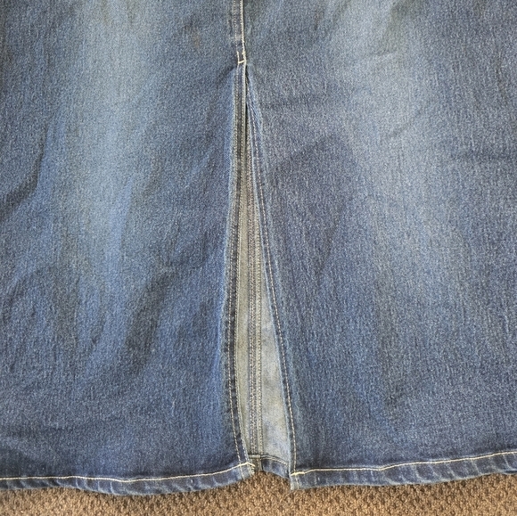 Jukebox Denim Fringe Maxi Skirt Women Sz 16 Blue Flare Back Slit Waist Belt - Picture 11 of 13